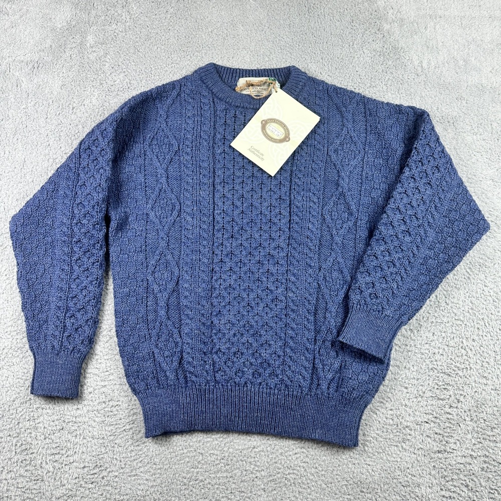 Aran Sweater Market 100% Wool Sweater Men Large Blue Made In Ireland CoA NEW